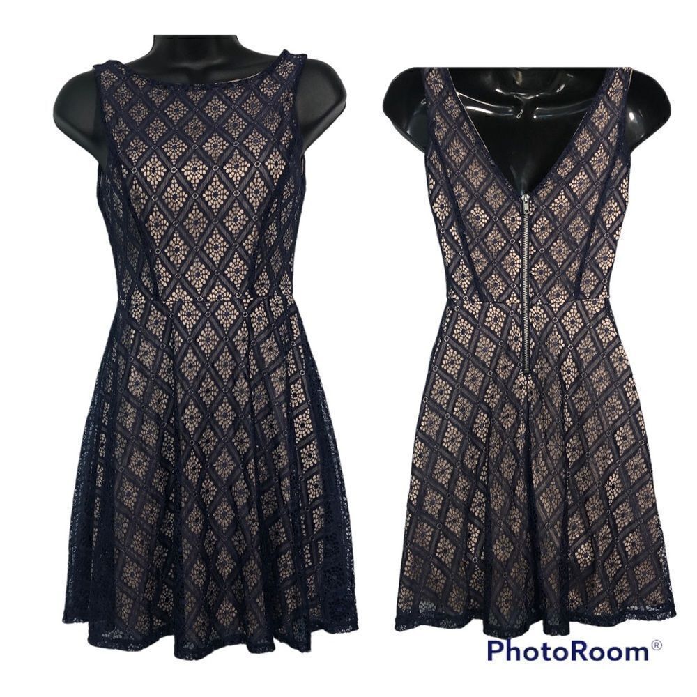 Navy Blue Lace Dress with V-zipper in Back Size 3